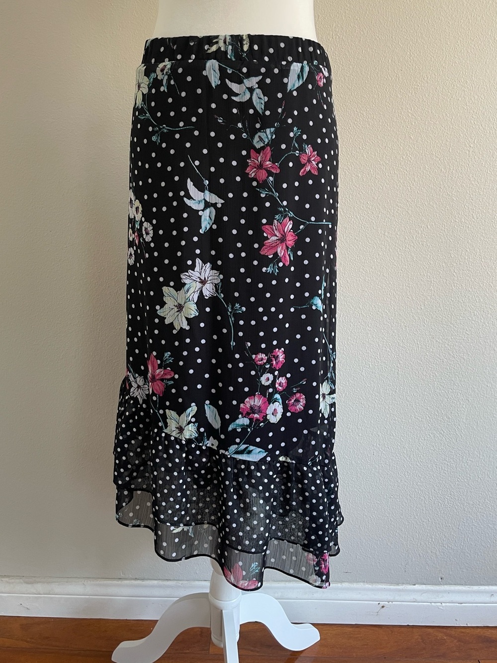 Floral Polka Dot Midi Skirt - Black with Pink & Mint Flowers Size XL